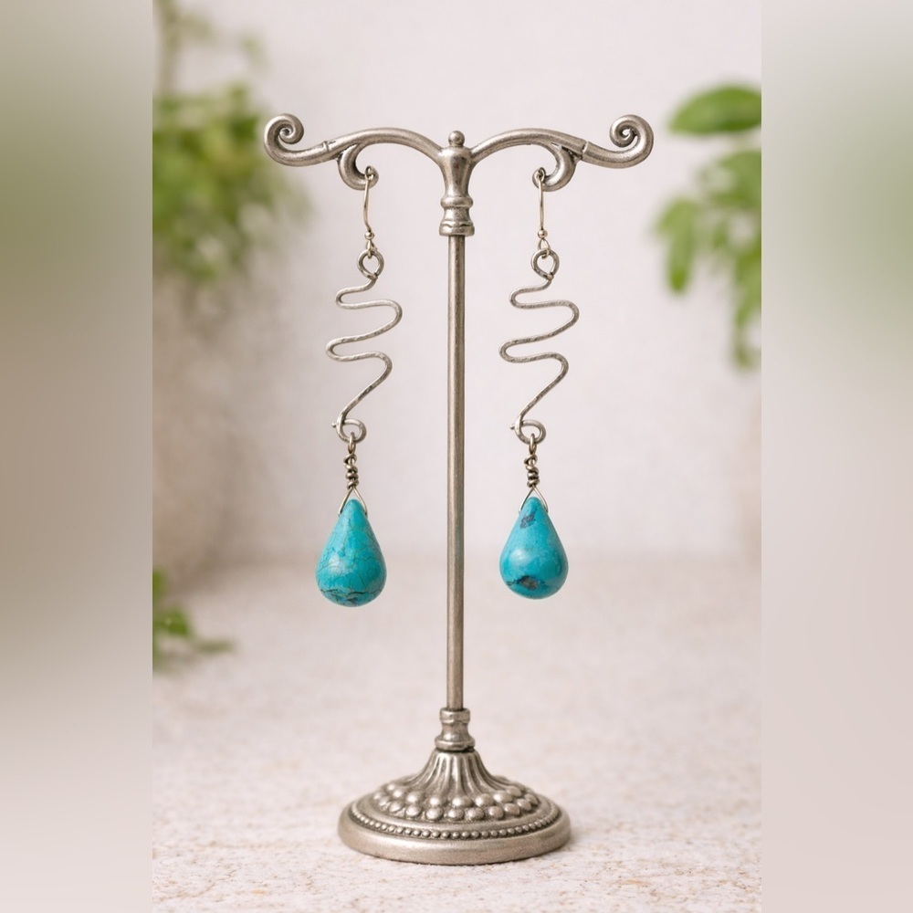 Handmade Turquoise Wavy Drop Earrings | Artisan Boho Dangle Jewelry